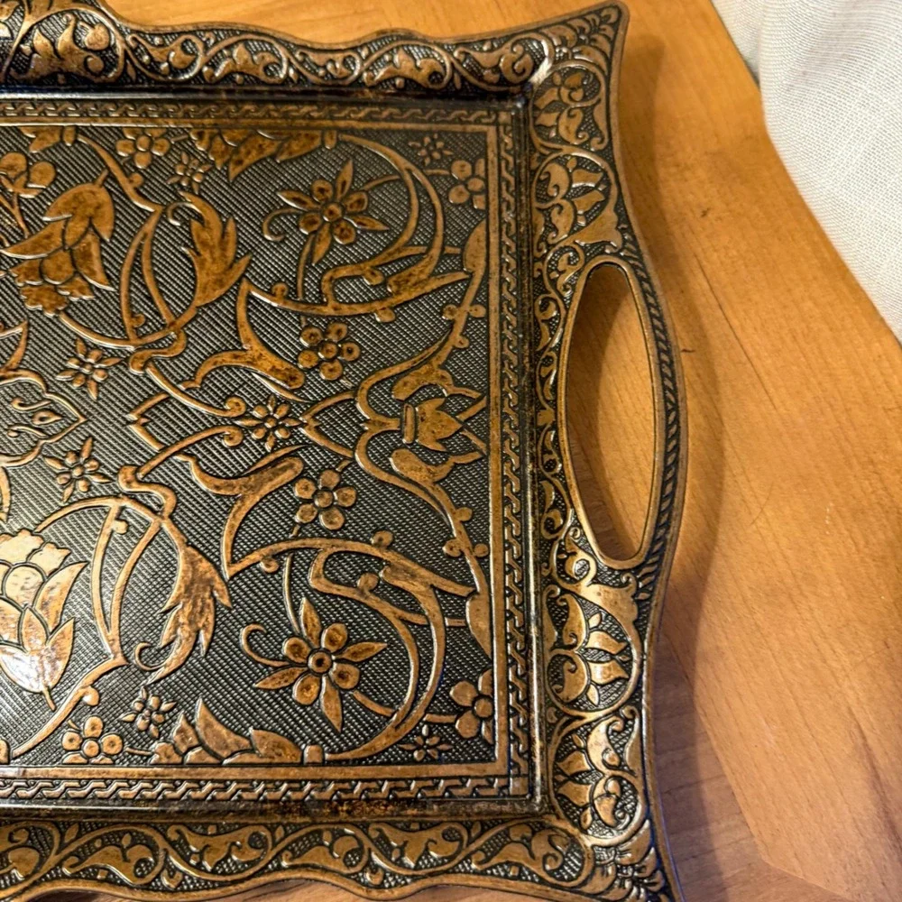 Alisveristime Turkish Zamac Decorative Tray Floral Embossed Vanity Serving
